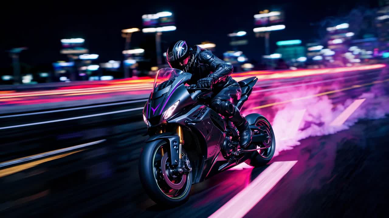 Dynamic low-angle shot of a motorcyclist speeding through a neon-lit city at night, with motion blur
