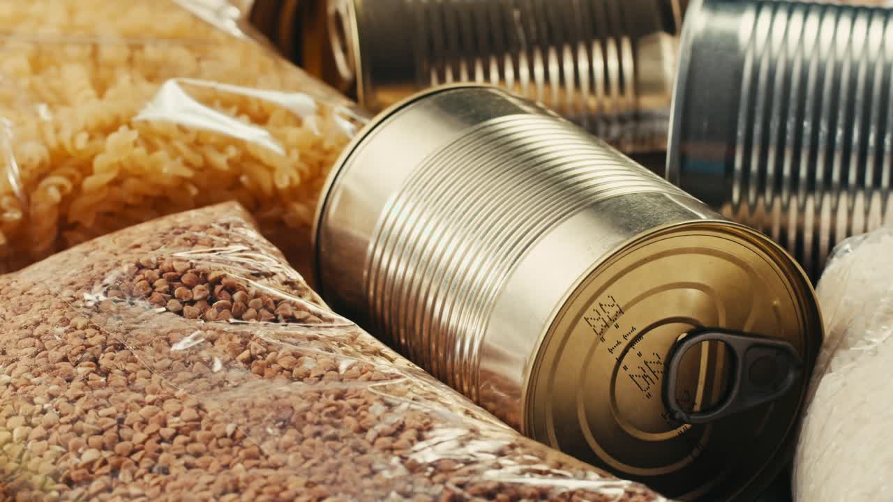 Canned cereals beans fish and vegetables, an assortment of processed foods, supermarket cart online shopping, delivery.