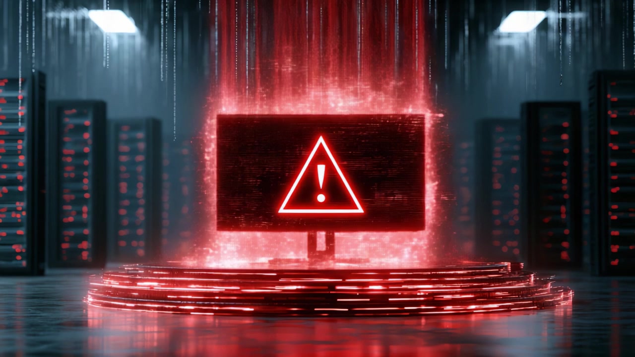 A striking visual representation of a warning alert on a digital monitor surrounded by a futuristic data center, showcasing vibrant red hues and a sense of urgency.