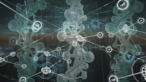 animation of network of connections over data processing and dna strands