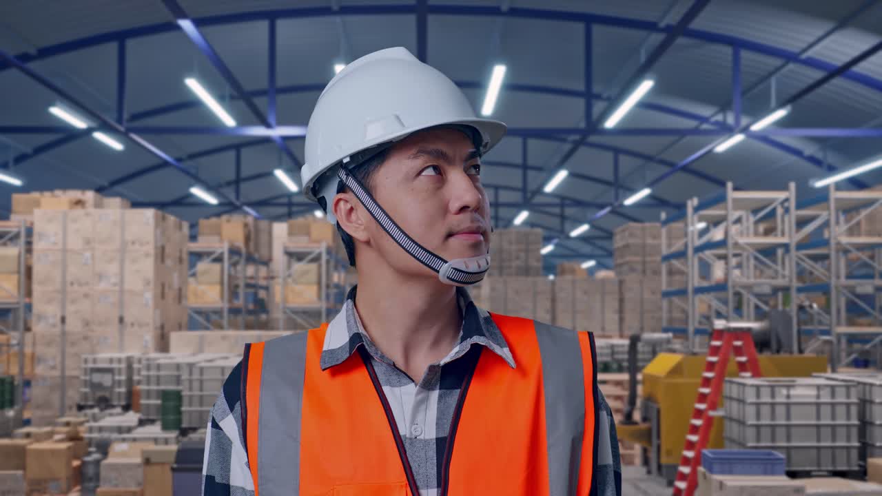 Primer plano de un ingeniero asiático con casco de seguridad mirando a su alrededor mientras está de pie en un almacén espacioso con estanterías
