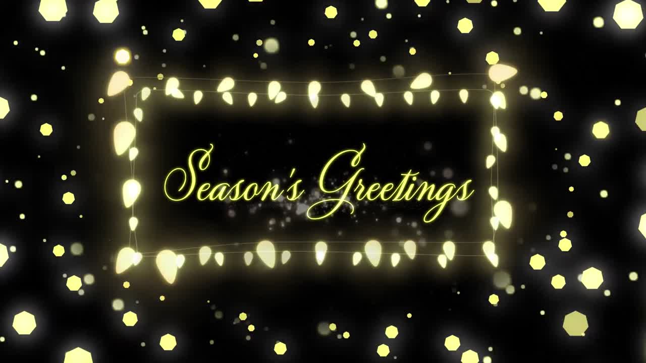 Animation of season's greetings text in christmas fairy lights frame on black background