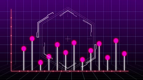 animación del procesamiento de datos estadísticos a través de la red de cuadrícula y forma hexagonal sobre fondo púrpura