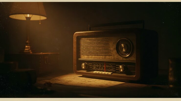 A nostalgic vintage radio sits illuminated by a warm lamp, casting soft shadows and evoking memories of a bygone era, surrounded by documents on a rustic wooden table
