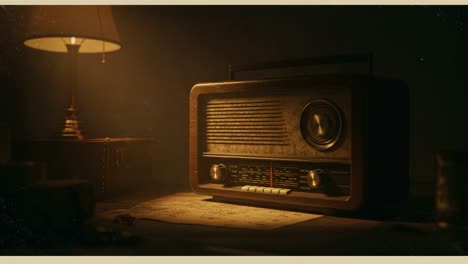 a nostalgic vintage radio sits illuminated by a warm lamp, casting soft shadows and evoking memories of a bygone era, surrounded by documents on a rustic wooden table