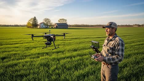 a farmer operates a drone in a lush green field at sunset, showcasing advanced agricultural technology in action for precision farming and crop monitoring
