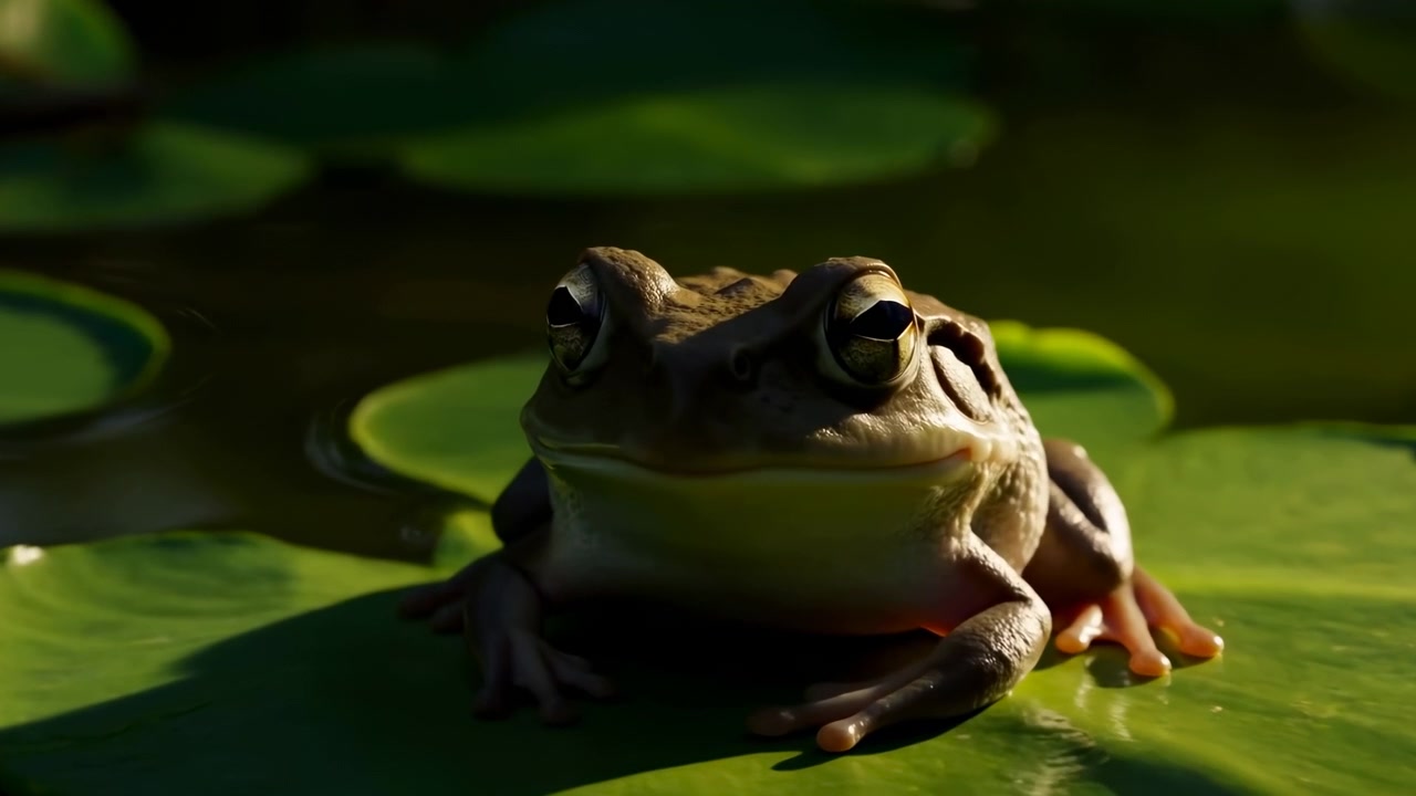 Frog resting on broad green lily pad in shallow pond water, head lifted with alert eyes, soft sunlight on moist skin, glossy leaf veins, gentle reflections, and tranquil wetland setting