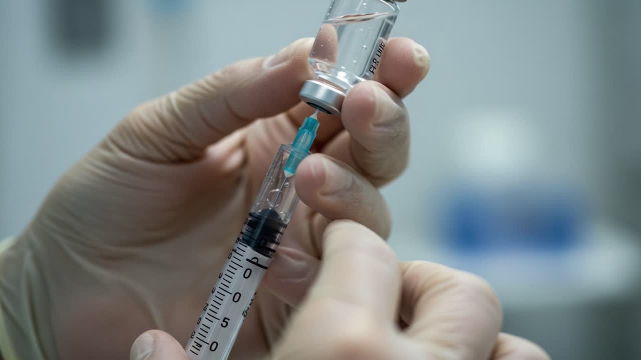 A healthcare professional prepares a syringe filled with a clear liquid vaccine from a vial, demonstrating the crucial process of vaccination for public health
