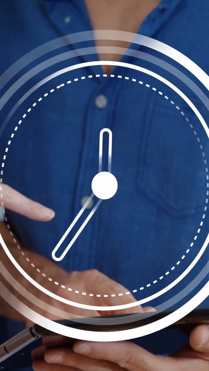 Vertical video: Man tapping smartphone causing clock app overlay, partner pointing syncing plans