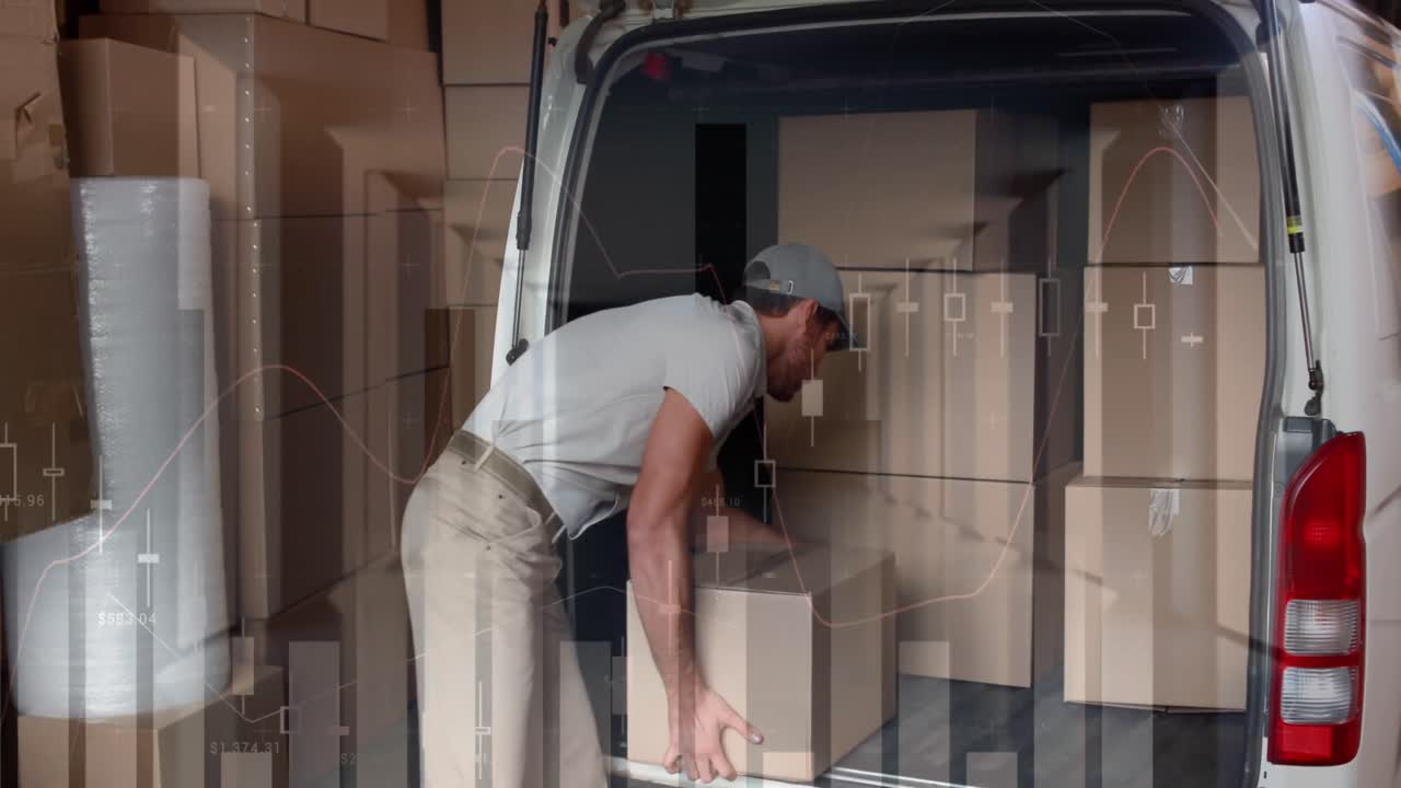 animación del procesamiento de datos financieros sobre el repartidor cargando el coche fuera del almacén