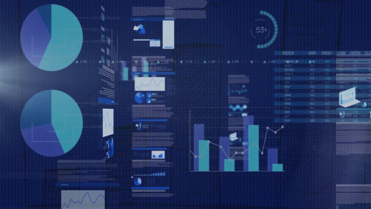 animación del procesamiento de datos y diagramas sobre la ciudad.