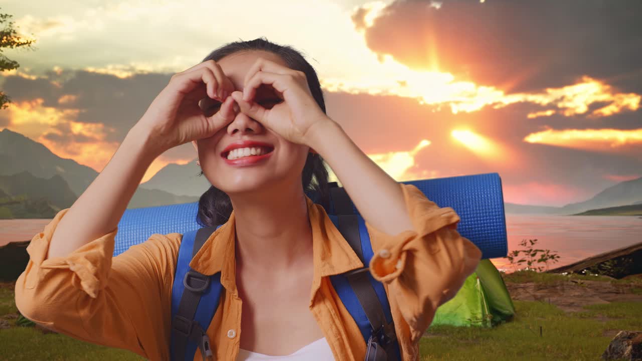 Happy Woman Enjoying a Sunset Camping Trip