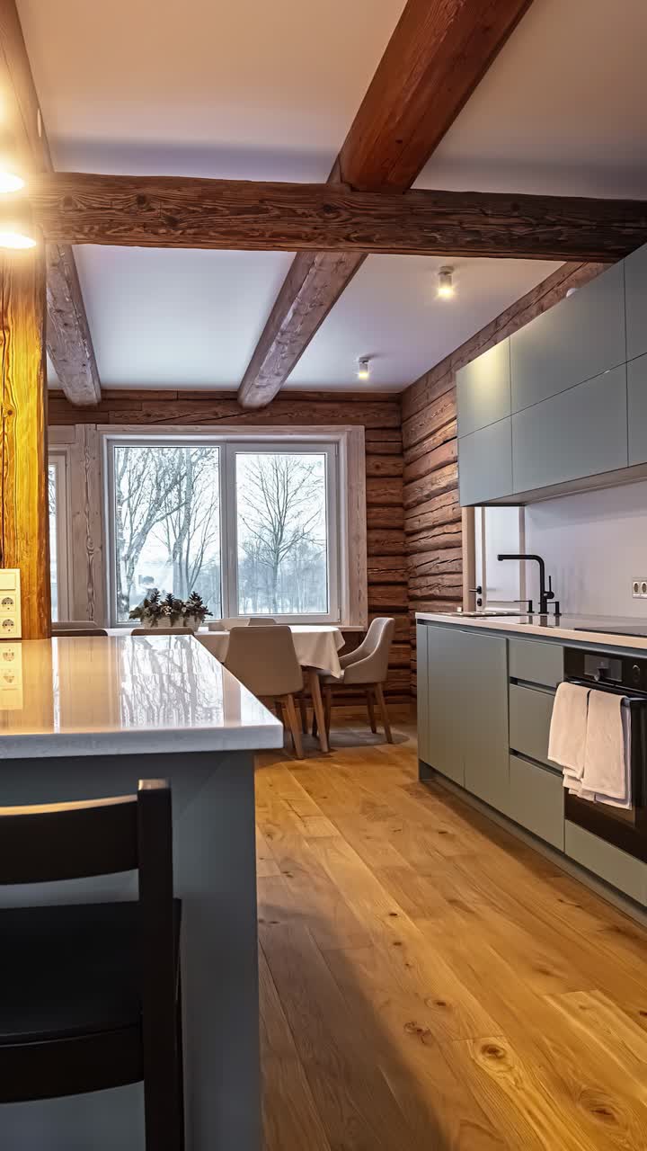 Contemporary Latvian kitchen featuring exposed wood beams, log walls, sleek grey cabinetry, natural lighting, and dining area with outdoor view