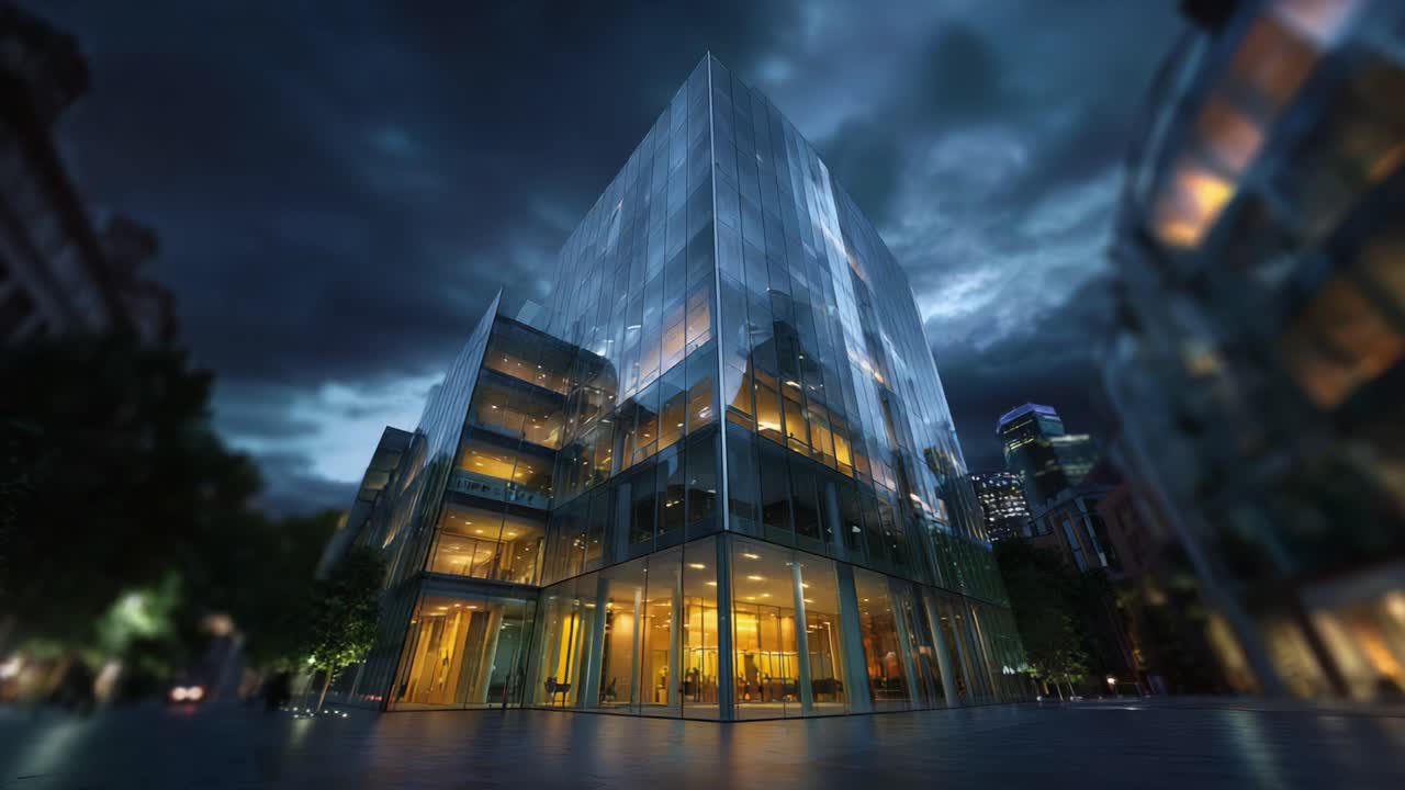 Impresionante edificio de cristal moderno con iluminación nocturna, que muestra la arquitectura urbana y superficies reflectantes sobre un espectacular cielo nocturno