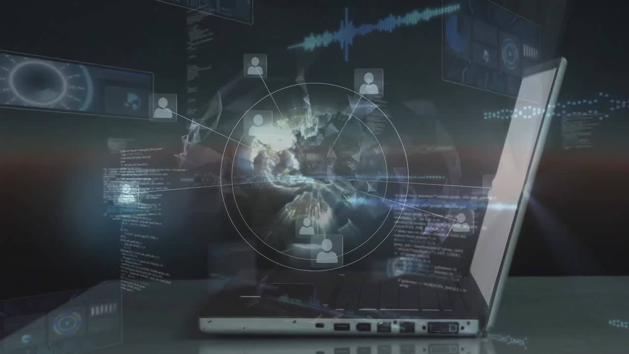Animation of globe and data processing over man using laptop