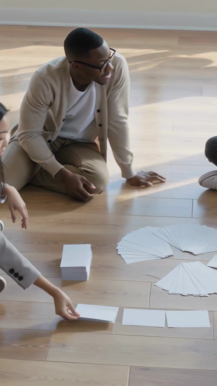 Video verticale: Inizio di un workshop, colleghi in blazer e cardigan che dispongono carte bianche sul pavimento.