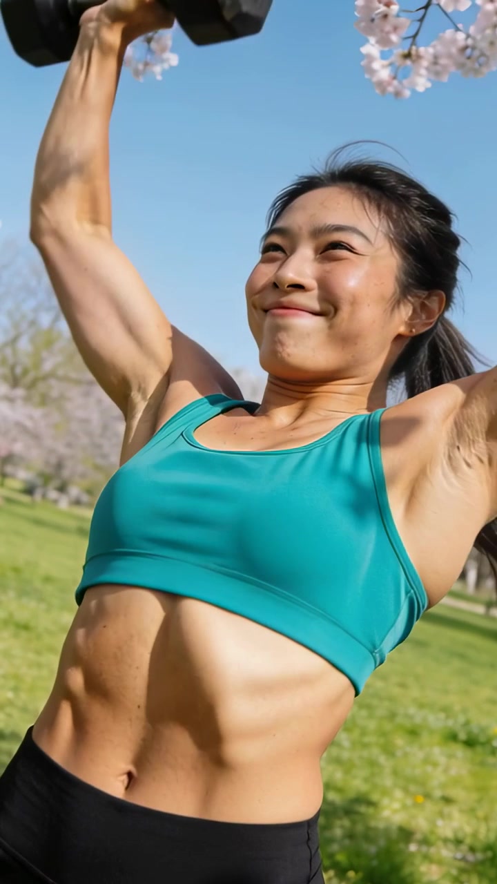 Video verticale: Donna in abbigliamento sportivo che tiene manubri esagonali alle spalle e si allena in un parco per tonificare.