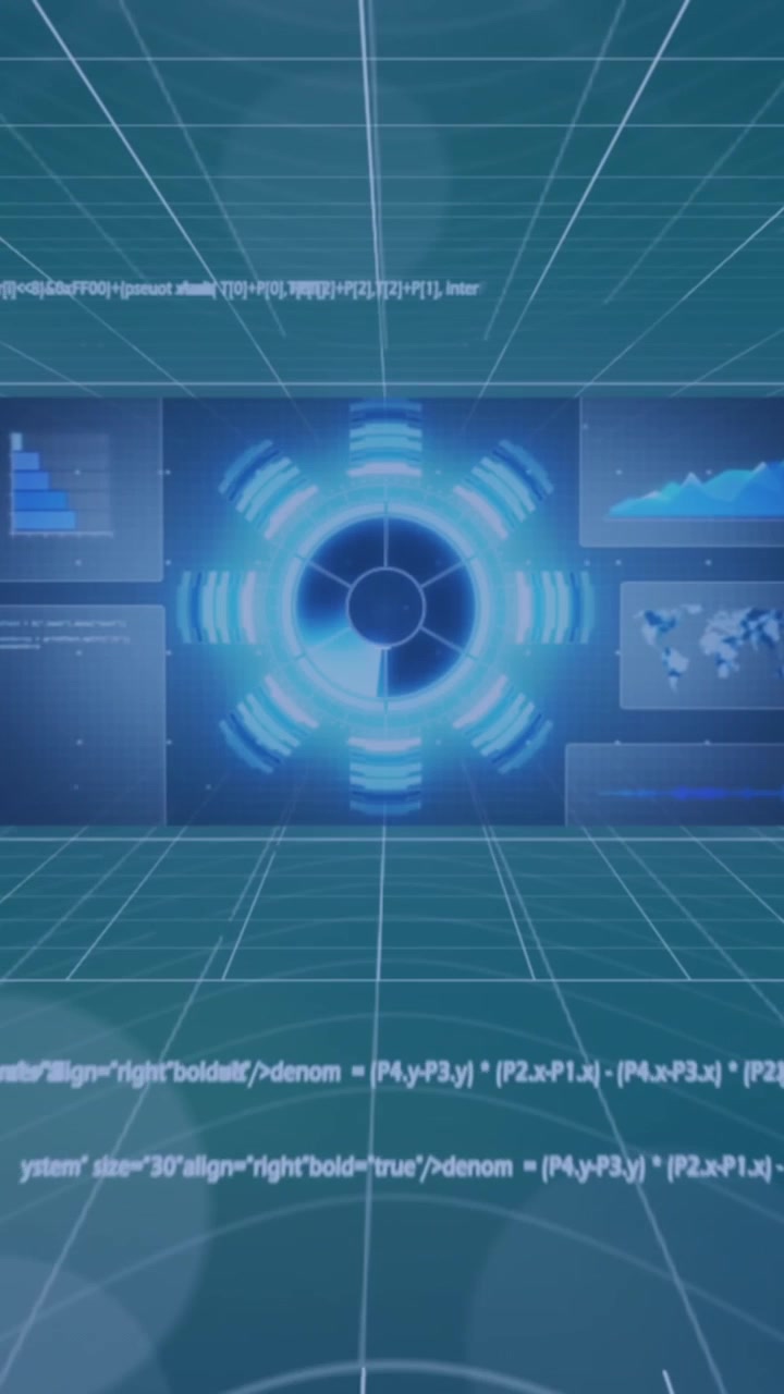 Animation of financial data processing over screen on blue background