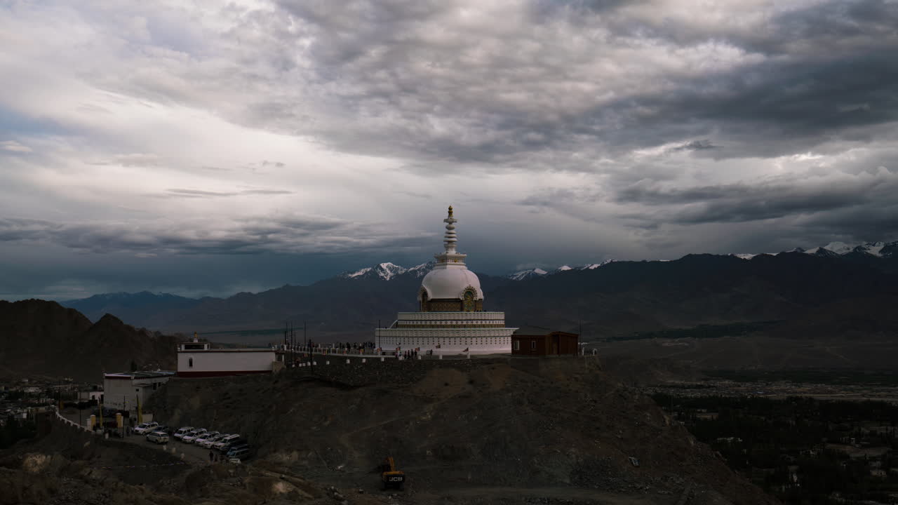 Shanti Stupa time lapse, Leh, a major landmark in Ladakh visited by many tourists on their adventure to the Indian Himalayas