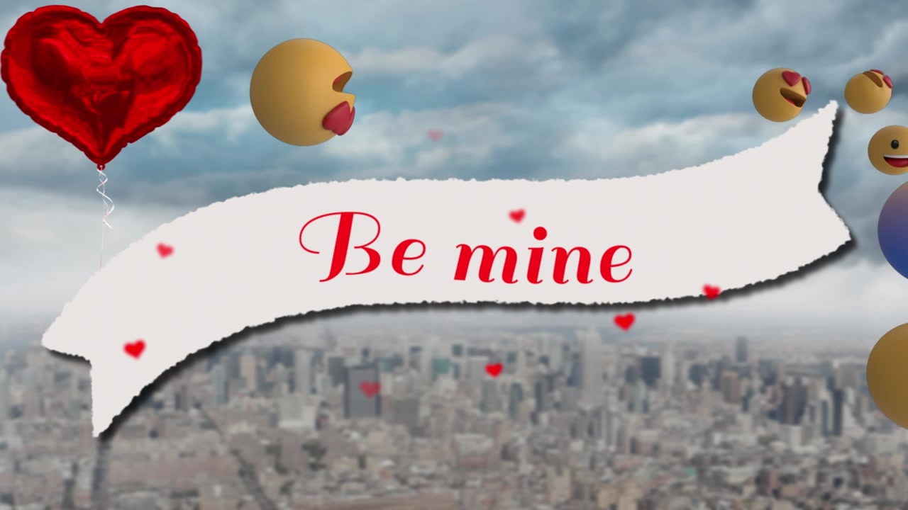 Animazione di icone multimediali e a forma di cuore con il testo "sii mio/a" su paesaggio urbano.