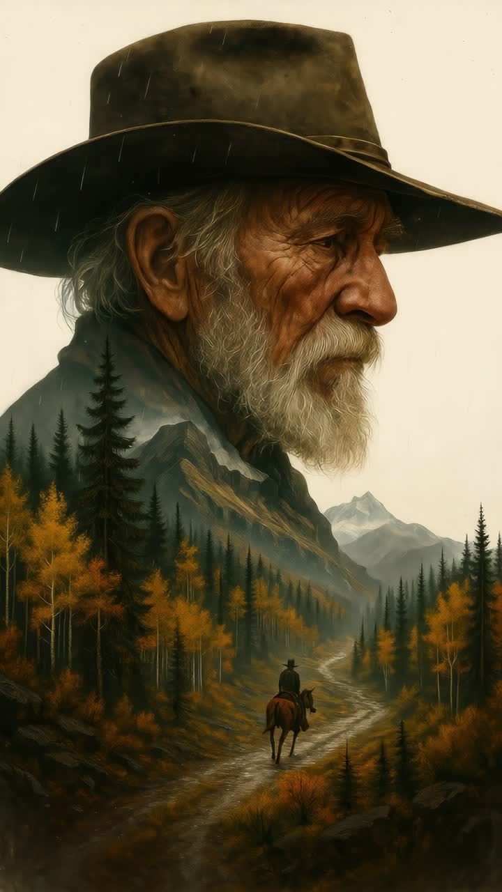 A cinematic video still featuring a close-up of an elderly cowboy's profile, with a low-angle view