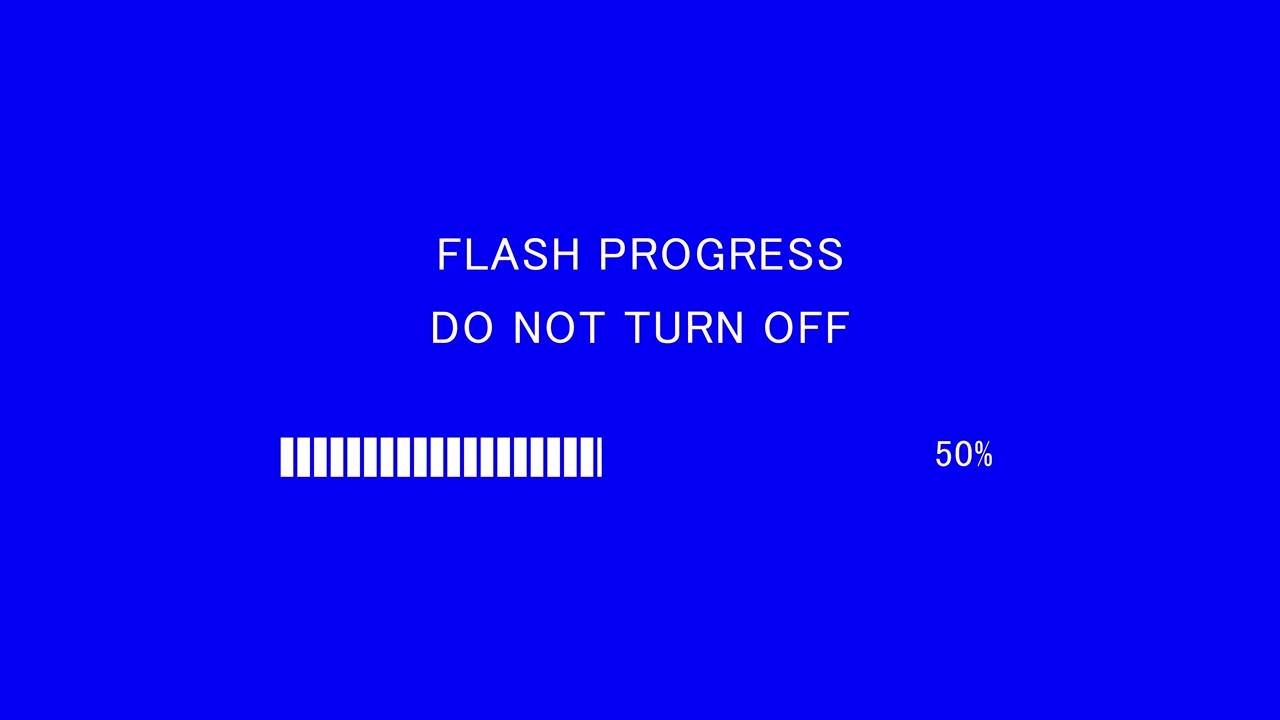 Layar TV retro menampilkan pesan 'flash progress do not turn off' dengan bilah pemuatan di latar belakang biru, putaran tanpa batas