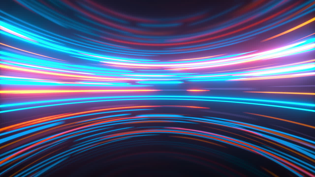 líneas iluminadas redondas brillantes en la habitación redonda oscura, renderización en 3d.