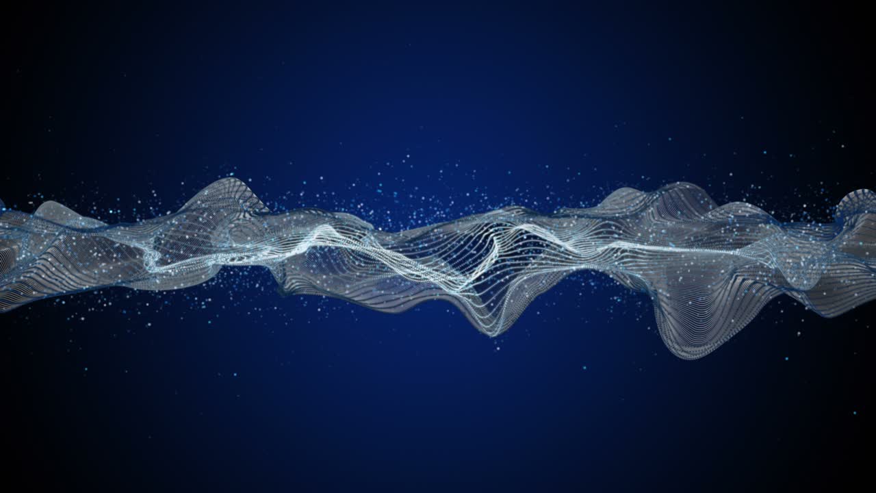 animación futurista con objeto de onda y partículas de brillo en cámara lenta, 4096x2304 bucle 4k