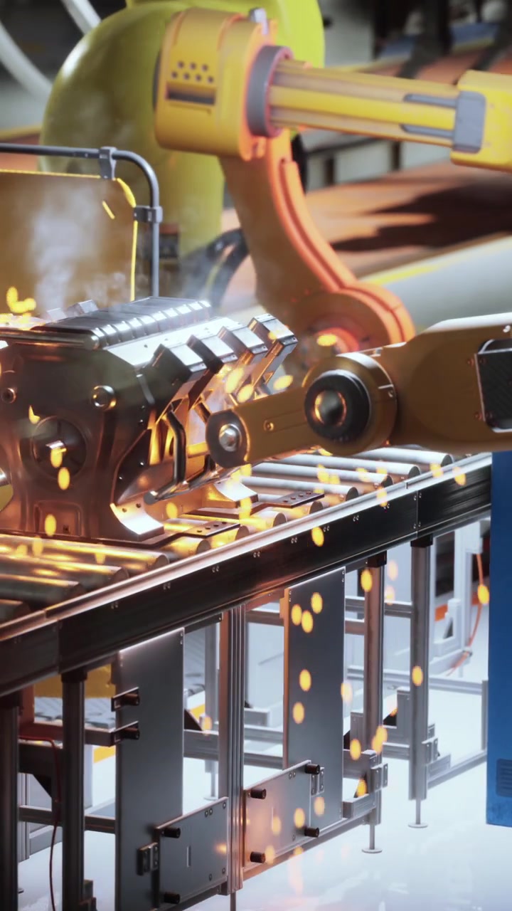 Industrial robots assembling engine parts in a manufacturing facility