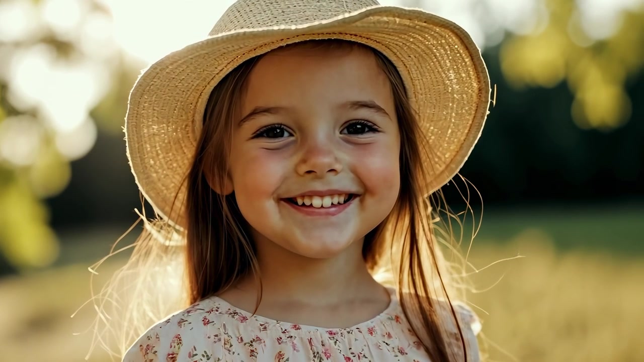 Jovem garota feliz com chapéu de palha sorrindo ao ar livre na hora dourada