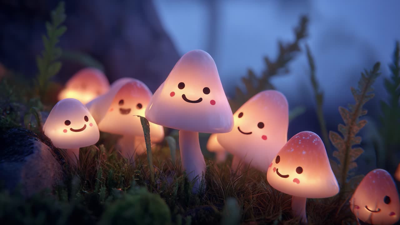 A Delightful Scene Featuring Cheerful Glowing Mushrooms Nestled Amongst Lush Greenery, Creating a Magical Atmosphere in the Forest at Twilight