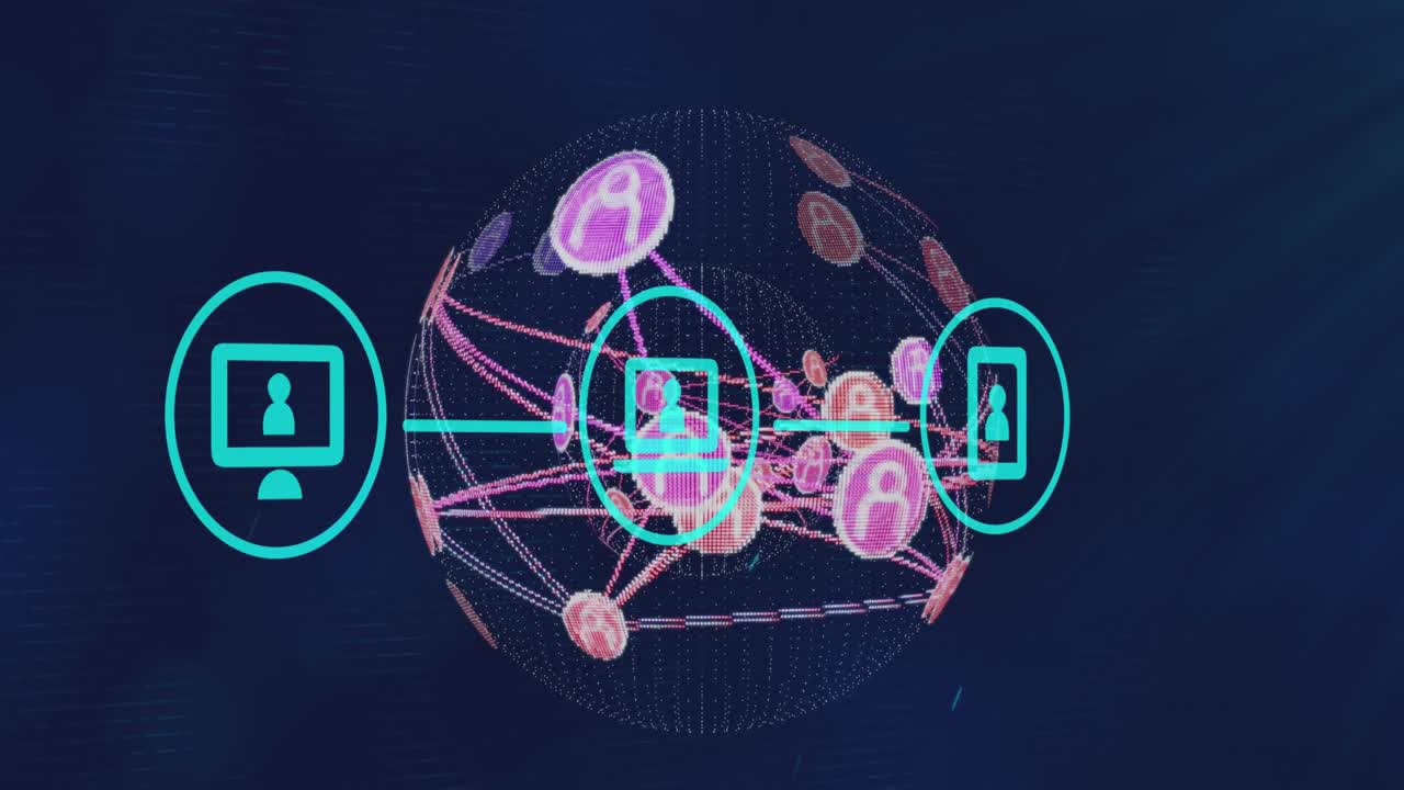 animación de una red de iconos digitales sobre un globo de iconos de perfil contra un fondo azul.