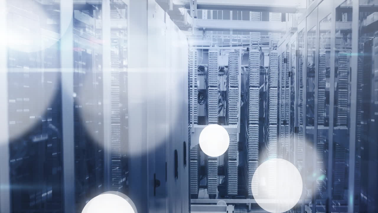 In data center, rows of servers with abstract animation light effects