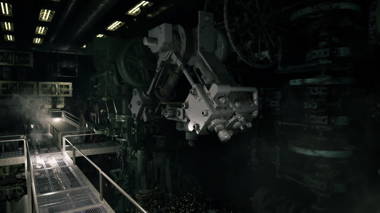 Industrial machinery operating in a dimly lit futuristic environment