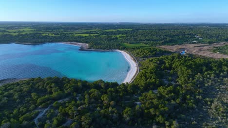 Aerial-view-of-Son-Saura-Virgin-Beach-in-Menorca-Spain,-tracking-wide-shot