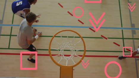 players dribbling ball in gym, featuring animated shot timer and chart overlays for technology