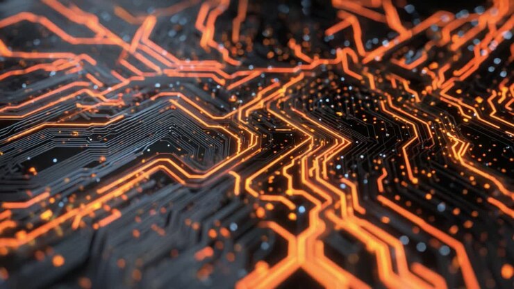 Futuristisk, abstrakt printkort med glødende orange elektricitet, der bevæger sig gennem stier og forbindelser, og repræsenterer teknologi, dataflow, kunstig intelligens og indersiden af en computer.