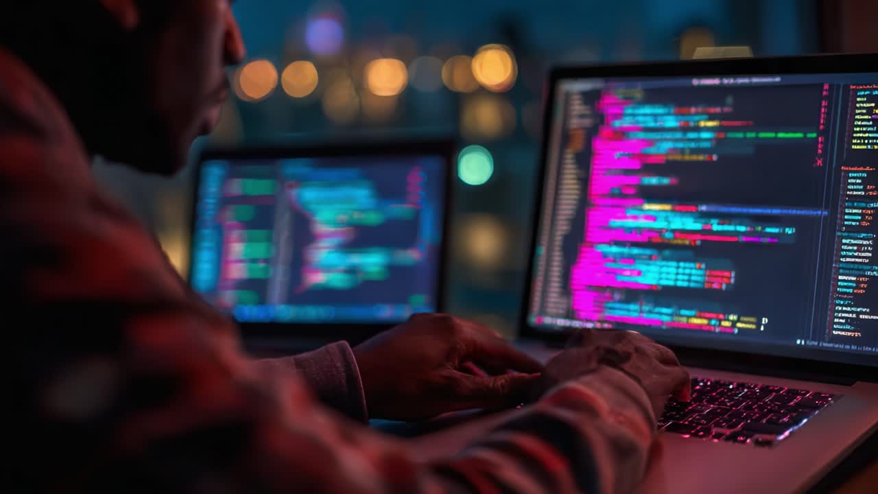 An Intense Evening of Coding: A Focused Programmer Engages with Complex Code on Multiple Laptops under Subtle City Lights Reflecting in the Background