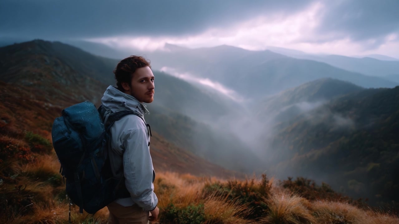 A Solo Adventurer Enveloped by Misty Mountains Capturing the Essence of Nature's Serene Beauty and Reflecting on Life's Journey in a Breathtaking Landscape