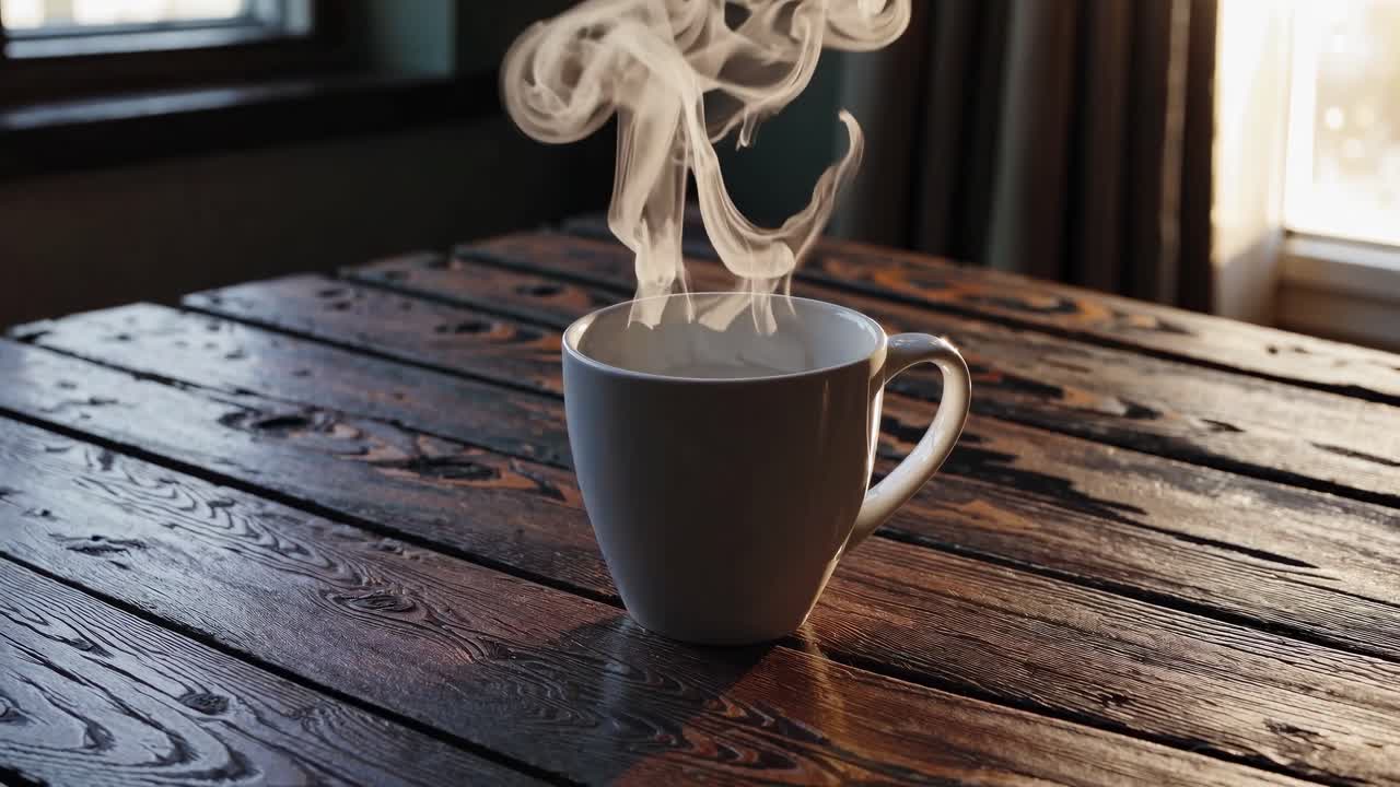 Atmosfera mattutina accogliente con una tazza di caffè fumante su un tavolo di legno rustico.