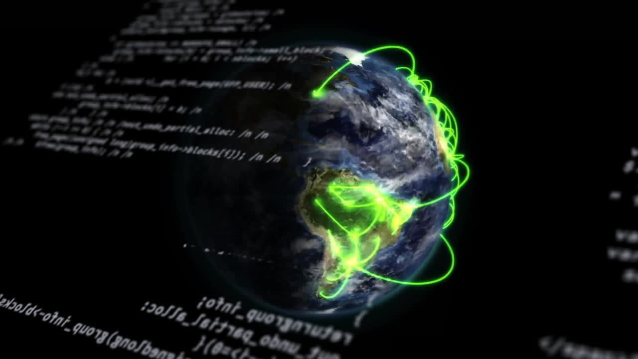 animazione dell'elaborazione dei dati e della rete di connessioni in tutto il mondo