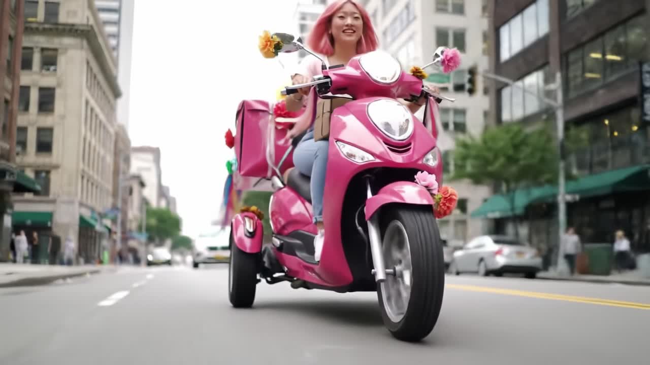 A woman with pink hair confidently rides a vibrantly decorated scooter down a busy city street. The atmosphere is lively with nearby buildings and vehicles highlighting urban life.