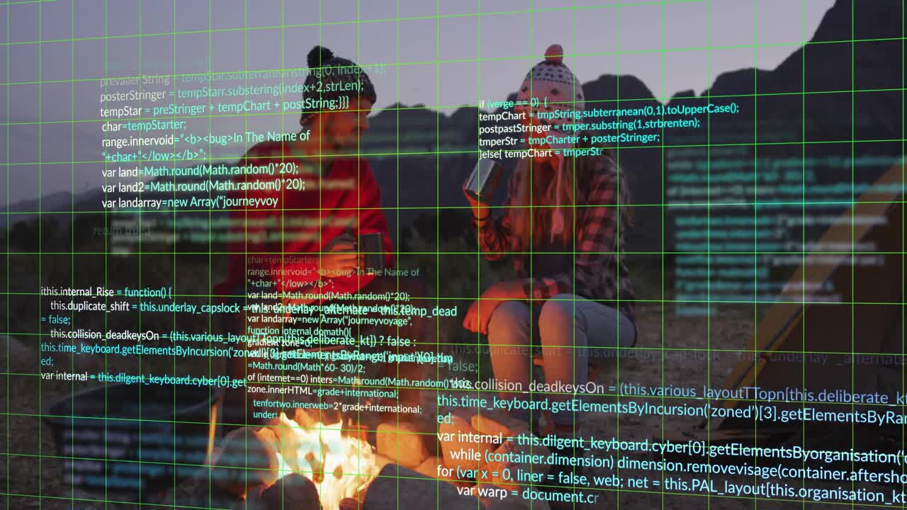 Man and woman sipping mugs by campfire while green grid and code appearing for tech demo
