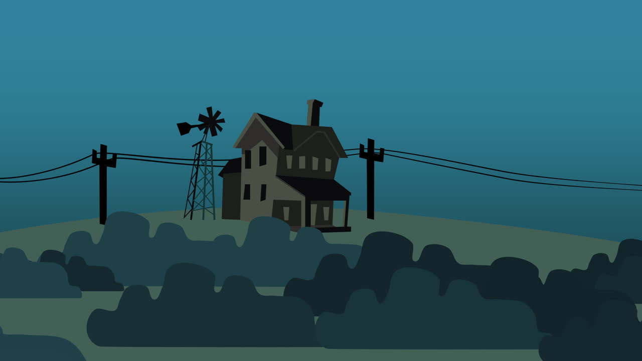 fondo de animación de dibujos animados con casa en fondo abstracto de granja