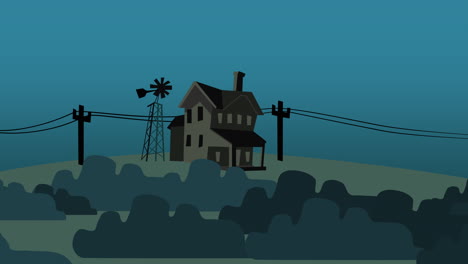 fondo de animación de dibujos animados con casa en fondo abstracto de granja
