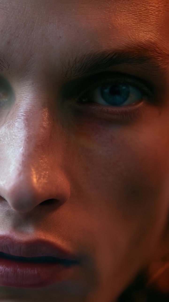 Close-Up Portrait of a Young Person with Captivating Blue Eyes, Highlighting Facial Features and Unique Textures in Soft Lighting