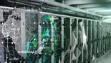 animation of spinning globe and plexus networks against computer server room