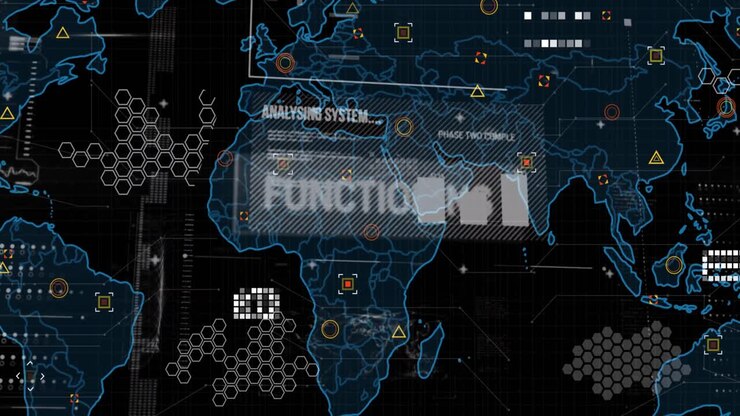 Animation of data processing over world map on dark background