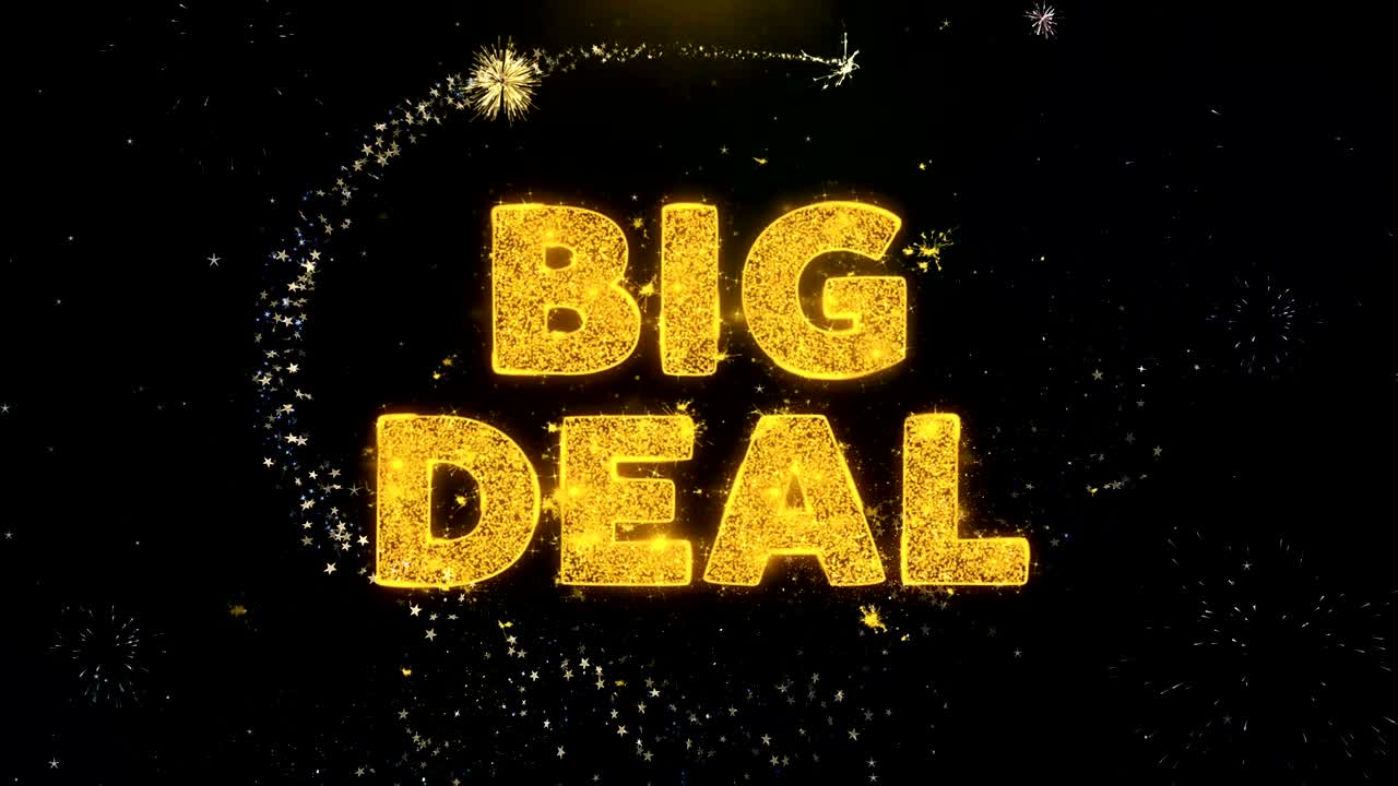 금 입자 불꽃놀이 전시회에 대한 큰 거래 텍스트.