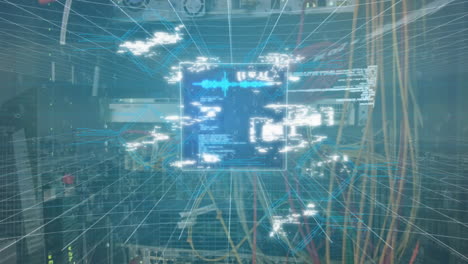 animación de íconos y pantallas digitales con procesamiento de datos en primer plano de un servidor informático.